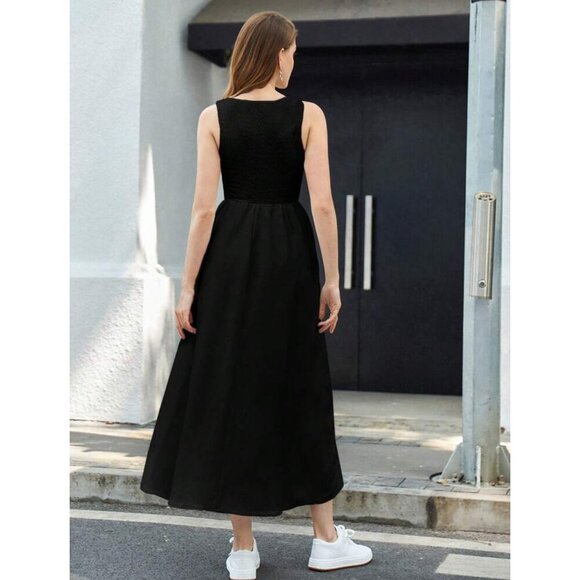 high neck sleeveless tank midi dress black ruched bust - Picture 2 of 2